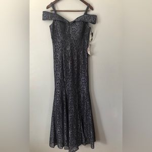 R & M Richards- Lace Metallic Off the Shoulder Gown- 2047